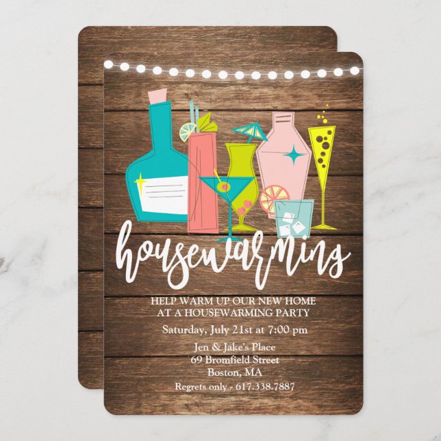 Retro Cocktail Drinks Housewarming Invitation (Front/Back)