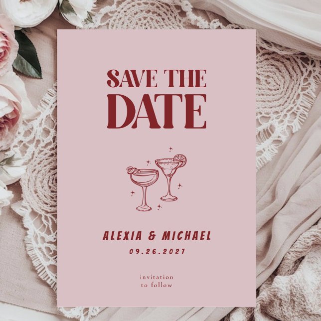 Retro Cocktail Glasse Photo Elegant Script Wedding Save The Date (Creator Uploaded)