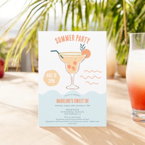 Retro Cocktail illustration summer beach Sweet 16 Invitation