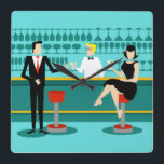 Retro Cocktail Lounge Acrylic Wall Clock<br><div class="desc">Every hour is happy hour with this Retro Cocktail Lounge Acrylic Wall Clock. The mid century modern design features a vibrant, 1960's style, minimalist, cartoon drawing of a classy, cocktail bar. Against the backdrop of an aqua wall, we can see rows of drink glasses. At least we can see the...</div>