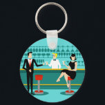 Retro Cocktail Lounge Button Keychain<br><div class="desc">Every hour is happy hour with this Retro Cocktail Lounge Button Keychain. The mid century modern design features a vibrant, 1960's style, minimalist, cartoon drawing of a classy, cocktail bar. Against the backdrop of an aqua wall, we can see rows of drink glasses. At least we can see the teal...</div>