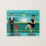 Retro Cocktail Lounge Puzzle<br><div class="desc">Every hour is happy hour with this Retro Cocktail Lounge Puzzle. The mid century modern design features a vibrant, 1960's style, minimalist, cartoon drawing of a classy, cocktail bar. Against the backdrop of an aqua wall, we can see rows of drink glasses. At least we can see the teal silhouettes...</div>