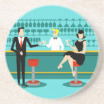 Retro Cocktail Lounge Sandstone Drink Coaster<br><div class="desc">Every hour is happy hour with this Retro Cocktail Lounge Sandstone Drink Coaster. The mid century modern design features a vibrant, 1960's style, minimalist, cartoon drawing of a classy, cocktail bar. Against the backdrop of an aqua wall, we can see rows of drink glasses. At least we can see the...</div>