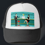 Retro Cocktail Lounge Trucker Hat<br><div class="desc">Every hour is happy hour with this Retro Cocktail Lounge Trucker Hat. The mid century modern design features a vibrant, 1960's style, minimalist, cartoon drawing of a classy, cocktail bar. Against the backdrop of an aqua wall, we can see rows of drink glasses. At least we can see the teal...</div>