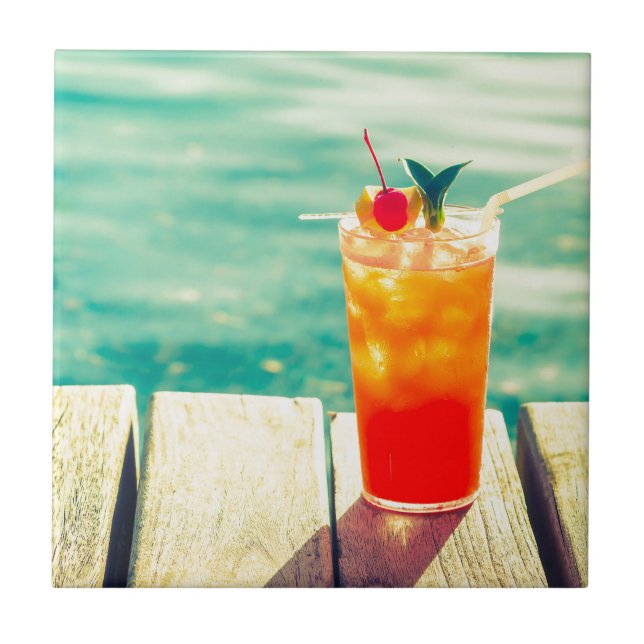 Retro cocktail sunset pool bar ceramic tile (Front)