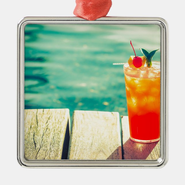 Retro cocktail sunset pool bar metal ornament (Front)