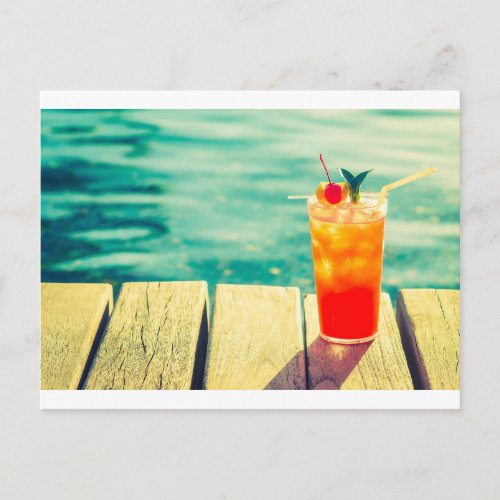 Retro cocktail sunset pool bar postcard