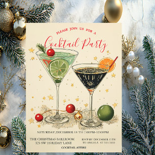 Retro Cocktails Stars Green Christmas Invitation