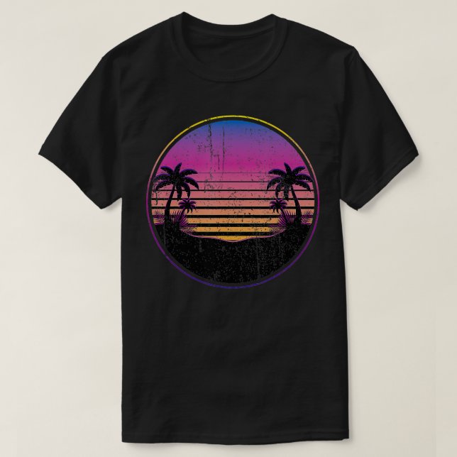 Retro Coconut Palm Trees Beach Sunset Tropical Sum T-Shirt (Design Front)