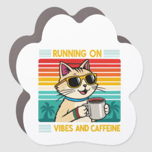 Retro Coffee Cat Vibes - Funny Caffeine Lover Car Magnet