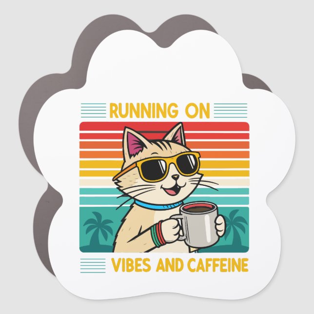 Retro Coffee Cat Vibes - Funny Caffeine Lover Car Magnet (Front)