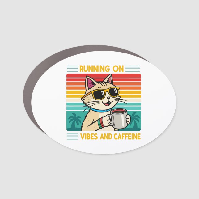 Retro Coffee Cat Vibes - Funny Caffeine Lover Car Magnet (Front)