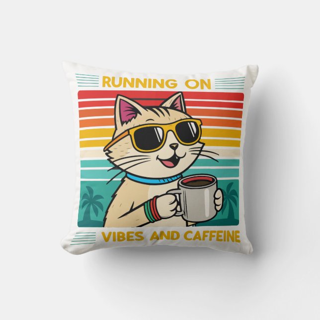 Retro Coffee Cat Vibes – Funny Caffeine Lover Throw Pillow (Front)