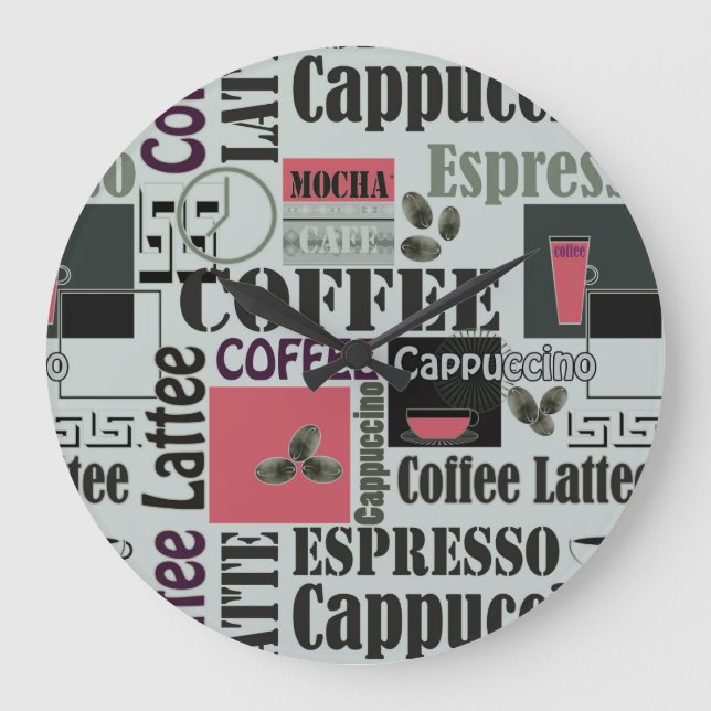 retro coffee kitchen pattern for espresso latte  large clock (Front)