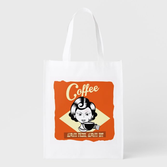 Retro coffee Lady Reusable Grocery Bag (Front)