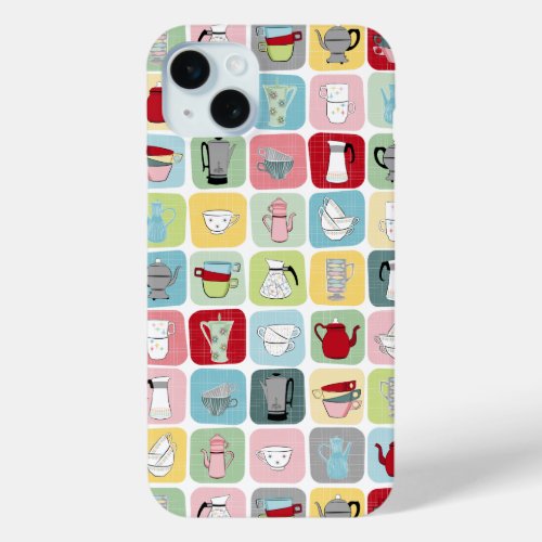 Retro Coffee Pots and Cups Pattern iPhone 15 Plus Case