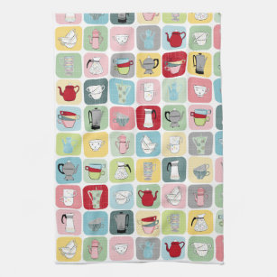 Retro Coffee Pots and Cups Pattern Kitchen Towel