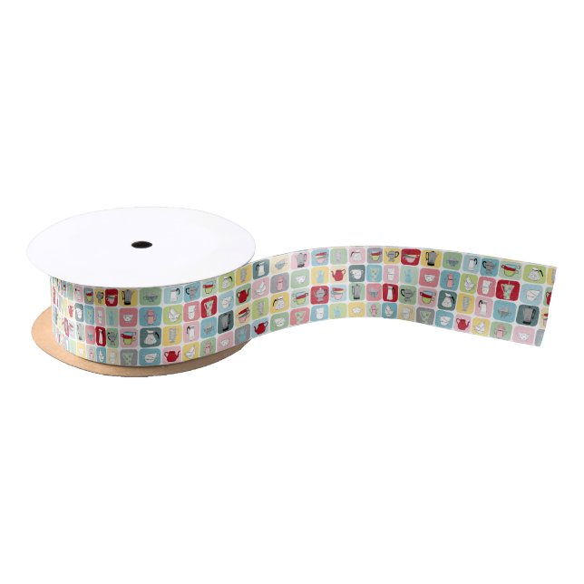 Retro Coffee Pots and Cups Pattern Satin Ribbon (Spool)