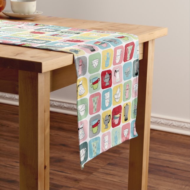 Retro Coffee Pots and Cups Pattern Short Table Runner (In Situ)