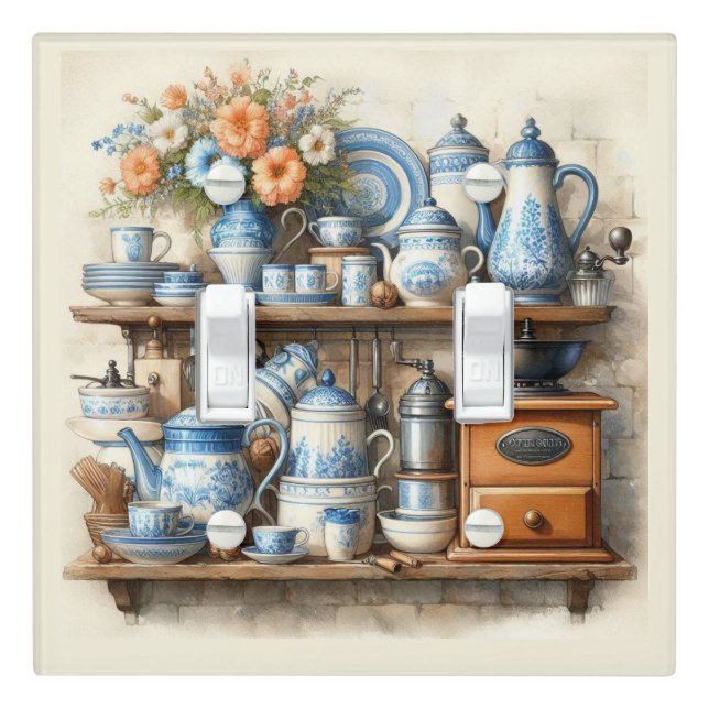 Retro Coffee Set Blue and White  Light Switch Cover (In Situ)