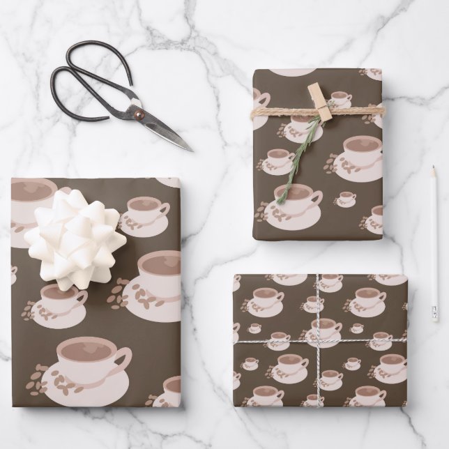 Retro Coffee Time Cups Brown Flat  Wrapping Paper Sheets (Front)