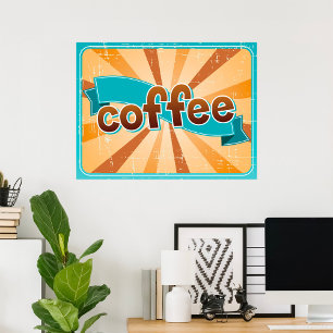 Retro Coffee Typography Teal Brown Sunburst Poster