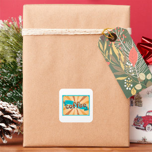 Retro Coffee Typography Teal Brown Sunburst Square Sticker