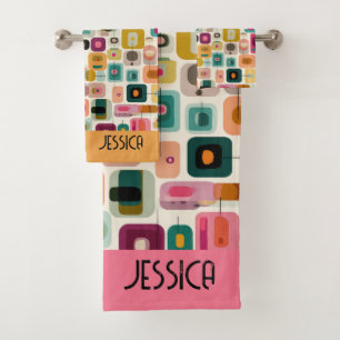 RETRO Color Blocks Mid Century Geometric Name Bath Towel Set
