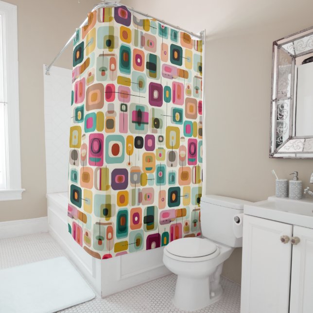 RETRO Color Blocks Mid Century Modern Geometric  Shower Curtain (In Situ)