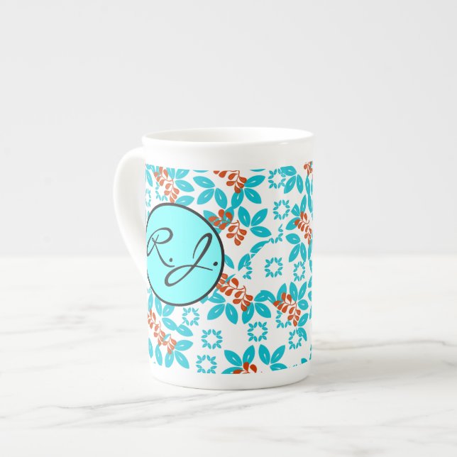 Retro Color Leaf Pattern Monogrammed Bone China Mug (Front Left)