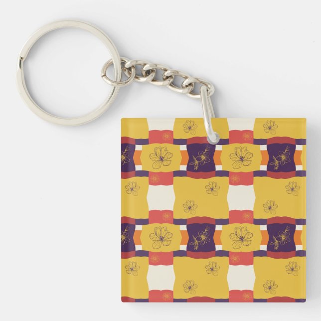 retro color pattern with flowers keychain (Front)
