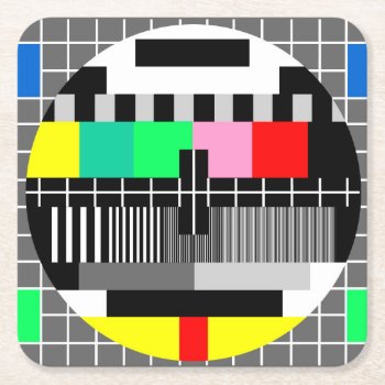 Retro Color Tv Test Screen Square Paper Coaster by pixxart at Zazzle