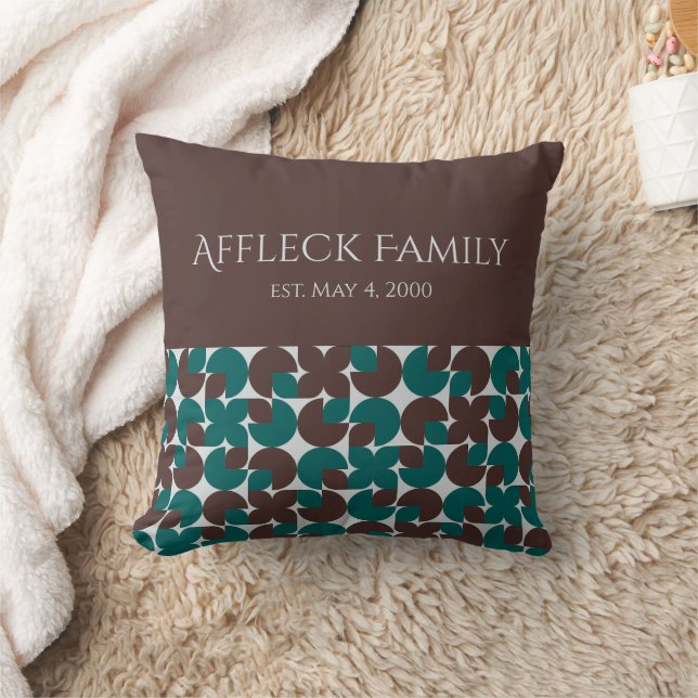Retro Colorblocked Brown & Teal Custom Family Throw Pillow (Blanket)
