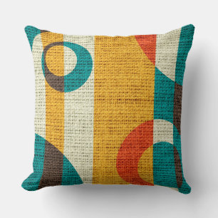 Retro Colored Circles Burlap Rustic Jute #2 Throw Pillow