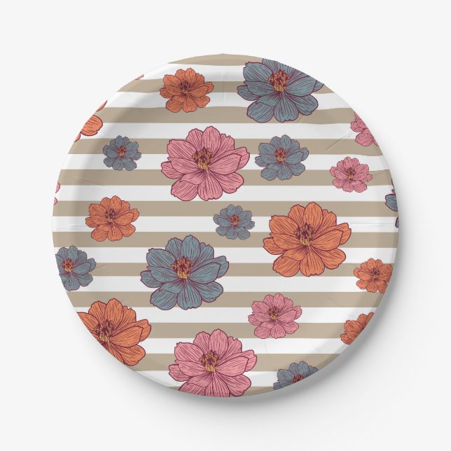 Retro Colored Flower Pattern Paper Plates (Front)