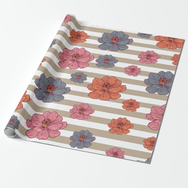 Retro Colored Flower Pattern Wrapping Paper (Unrolled)