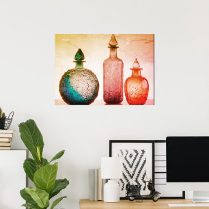 Retro Colored Glass Perfume Bottles On a Wall Poster