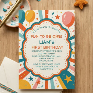 Retro Colorful 1st Birthday Fun to Be One Boy Girl Invitation