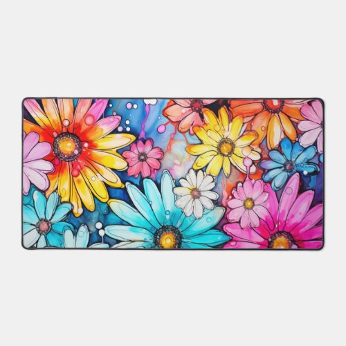 Retro Colorful Abstract Daisy Flowers Desk Mat