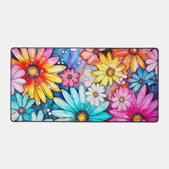 Retro Colorful Abstract Daisy Flowers Desk Mat (Front)