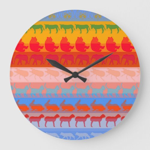 Retro Colorful Animals Modern Stripes Pattern 2 Large Clock