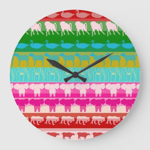 Retro Colorful Animals Modern Stripes Pattern 6 Large Clock