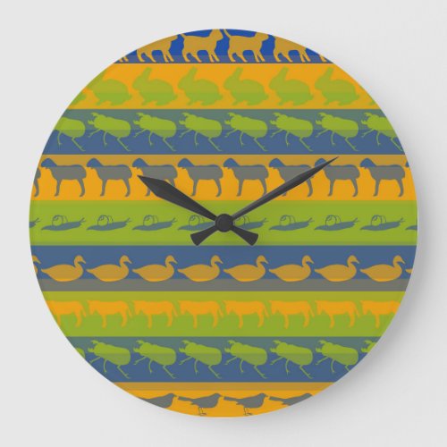Retro Colorful Animals Modern Stripes Pattern 7 Large Clock