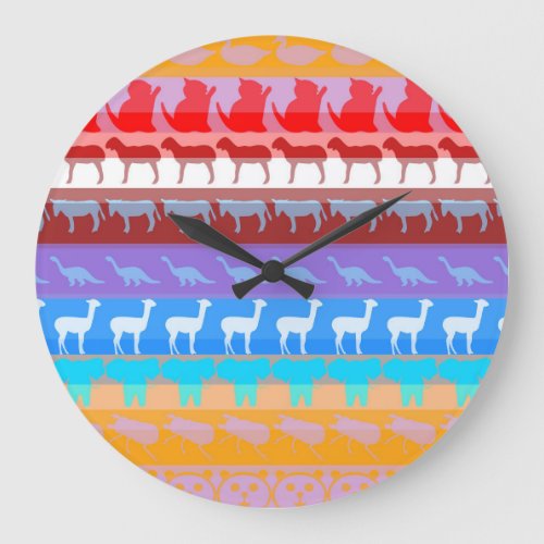 Retro Colorful Animals Modern Stripes Pattern 8 Large Clock