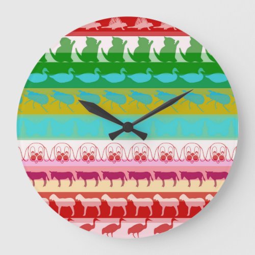 Retro Colorful Animals Modern Stripes Pattern 9 Large Clock