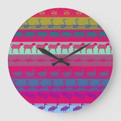 Retro Colorful Animals Modern Stripes Pattern Large Clock