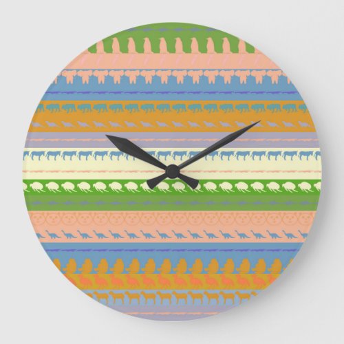 Retro Colorful Animals Pattern 3 Large Clock