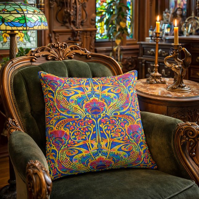 Retro Colorful Art Nouveau Pattern Throw Pillow (Creator Uploaded)