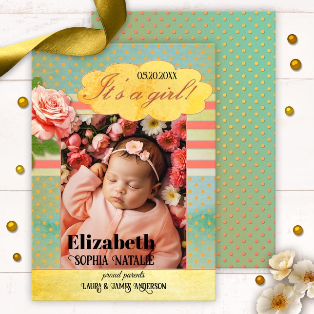 Retro Colorful Baby Girl Birth Announcement Card (Retro baby girl birth announcement card featuring a photo of your baby on colorful watercolor )