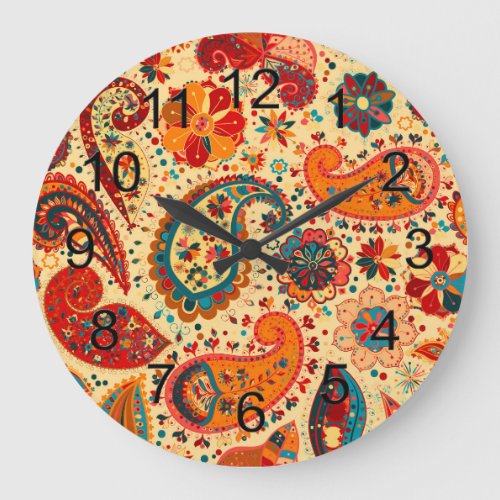 Retro Colorful Beautiful Boho Bohemian Paisley Large Clock